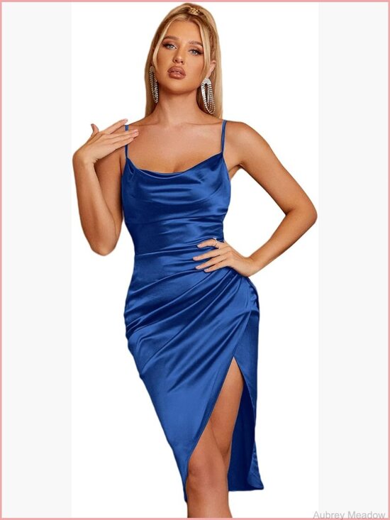 Dresses & Skirts - Satin Slip Dress Cowl Neck Backless Ruched Bodycon Midi